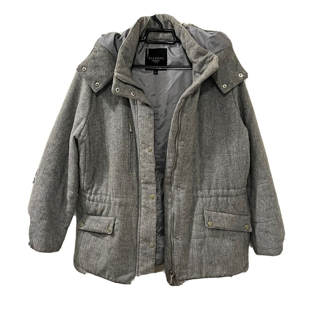 Talbots Women's Gray Wool Blend Hoodie Jacket w Faux Fur Hood Size 1X